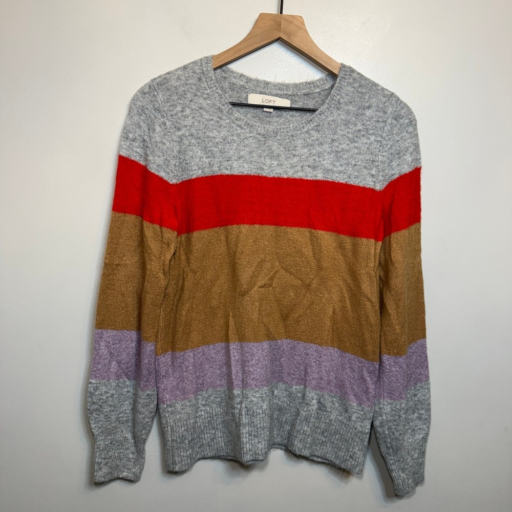 LOFT Women's Multi Color Stripe Merino Wool Blend Crew Neck Sweater Size Small